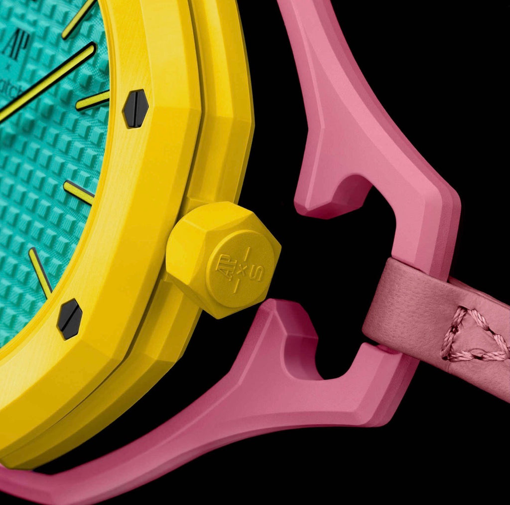 Swatch Royal Pop Quartz Analog Watch Turquoise Dial Yellow Bezel Pink Leather