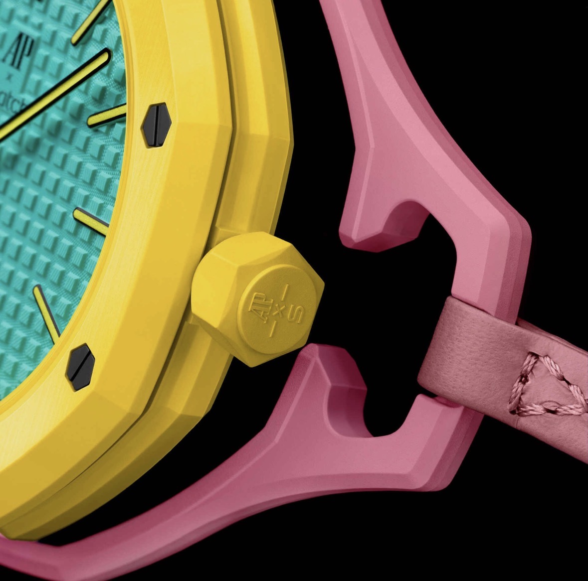 Swatch Royal Pop Quartz Analog Watch Turquoise Dial Yellow Bezel Pink Leather