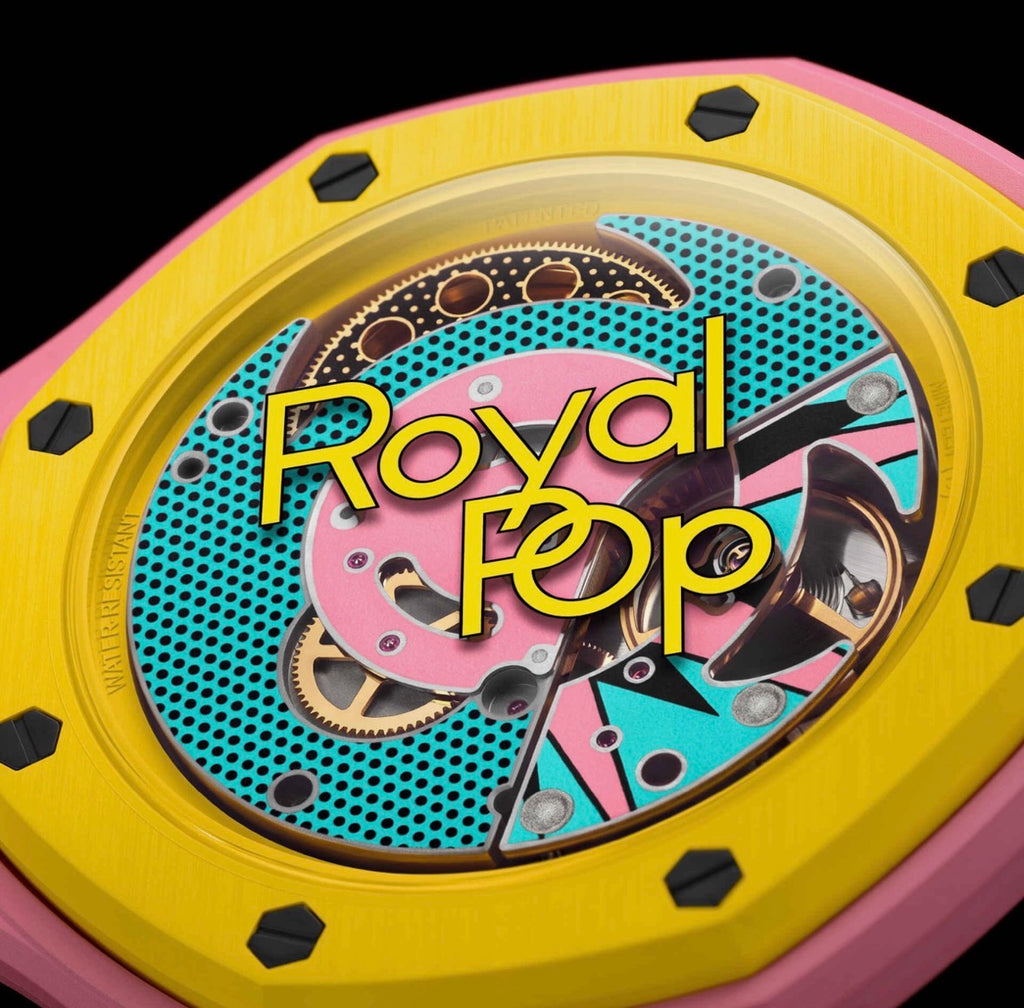 Swatch Royal Pop Quartz Analog Watch Turquoise Dial Yellow Bezel Pink Leather