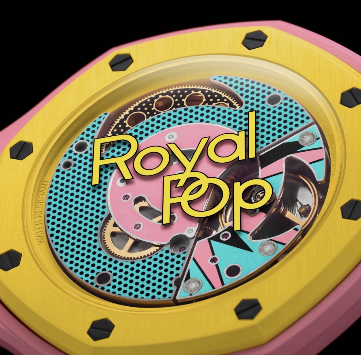 Swatch Royal Pop Quartz Analog Watch Turquoise Dial Yellow Bezel Pink Leather
