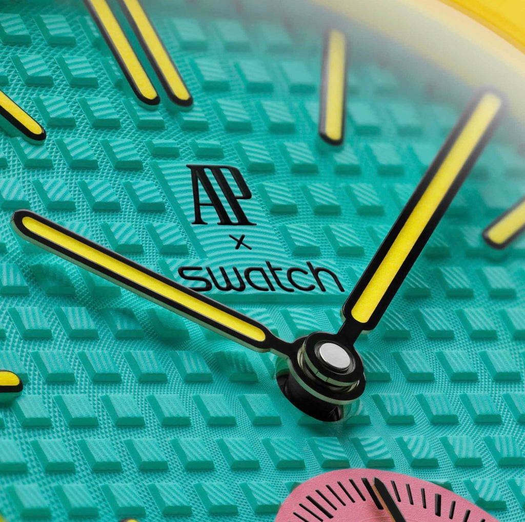 Swatch Royal Pop Quartz Analog Watch Turquoise Dial Yellow Bezel Pink Leather