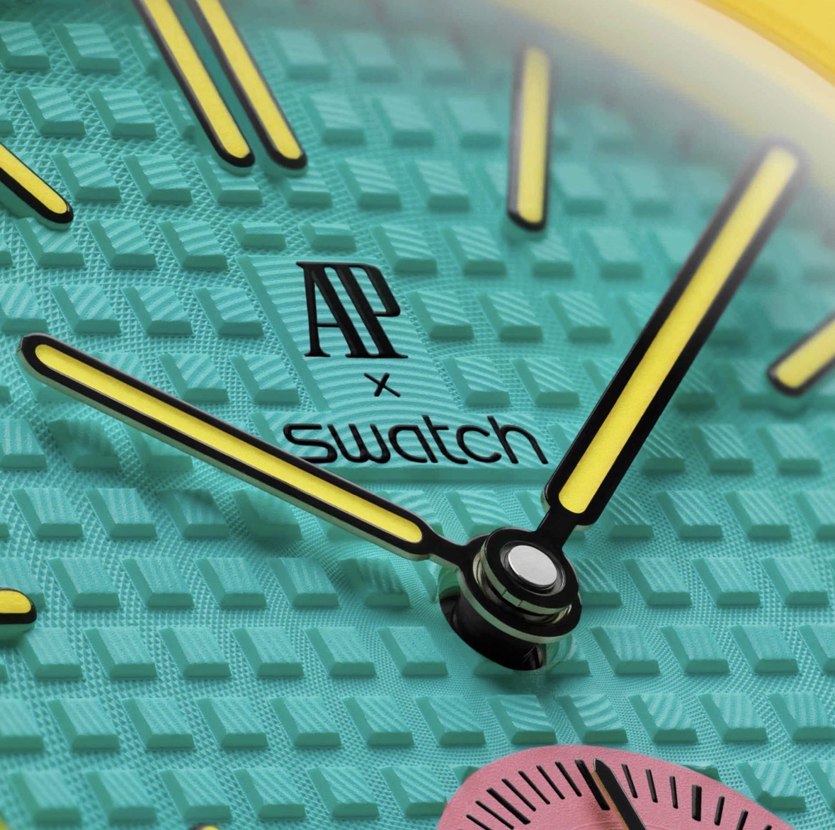 Swatch Royal Pop Quartz Analog Watch Turquoise Dial Yellow Bezel Pink Leather