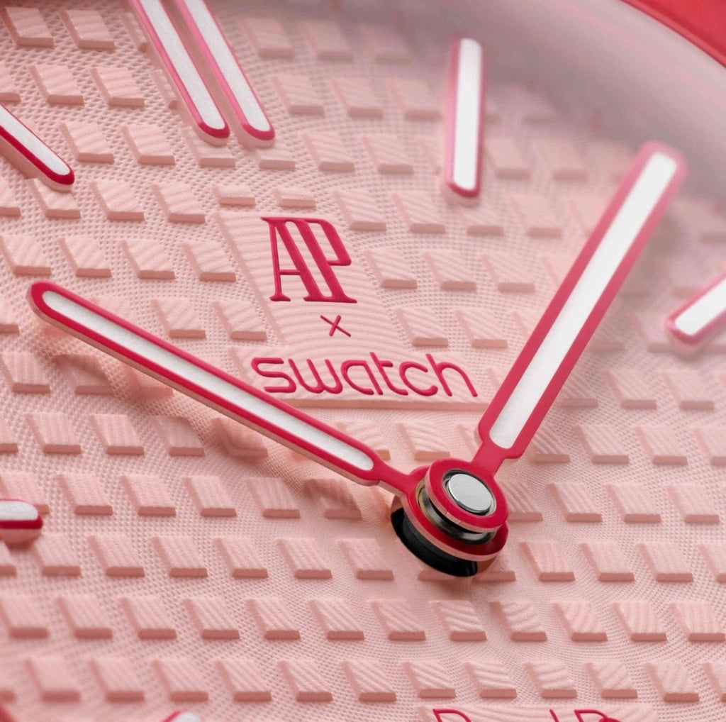 Swatch Royal Pop Quartz Analog Watch Turquoise Dial Yellow Bezel Pink Leather